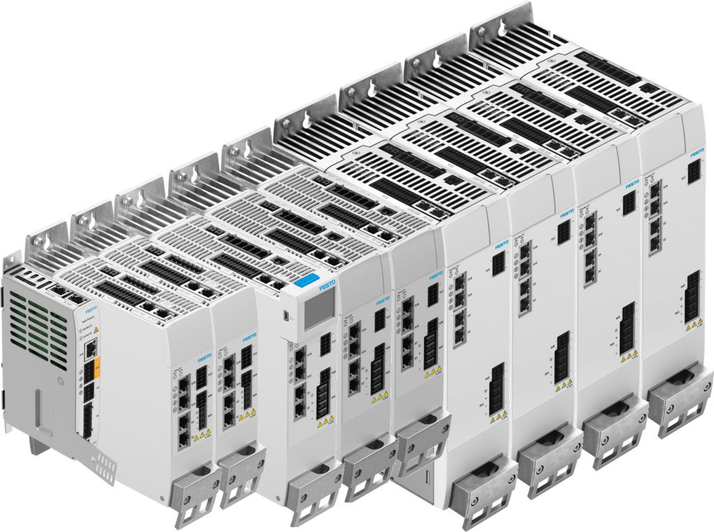 Row of Festo PLC modular units mounted in a rack for automation control