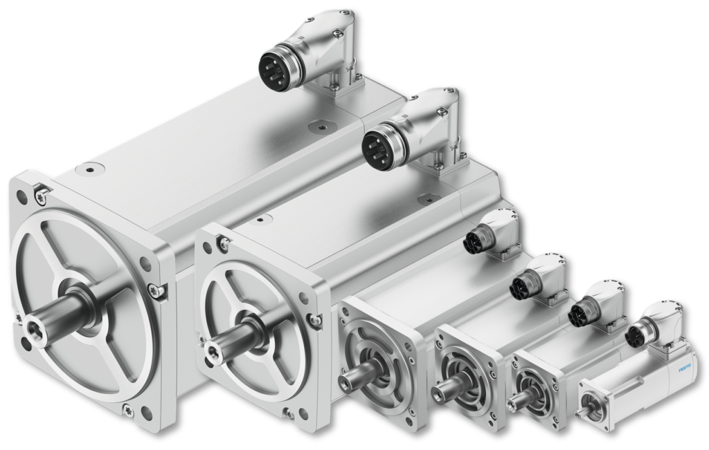 Metallic industrial gearbox/servo motor assembly with multiple circular multi-pin connectors and mounting flanges (close-up).