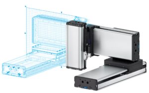 Industrial laser cutting machine with a transparent CAD overlay showing the work bed and cutting head.