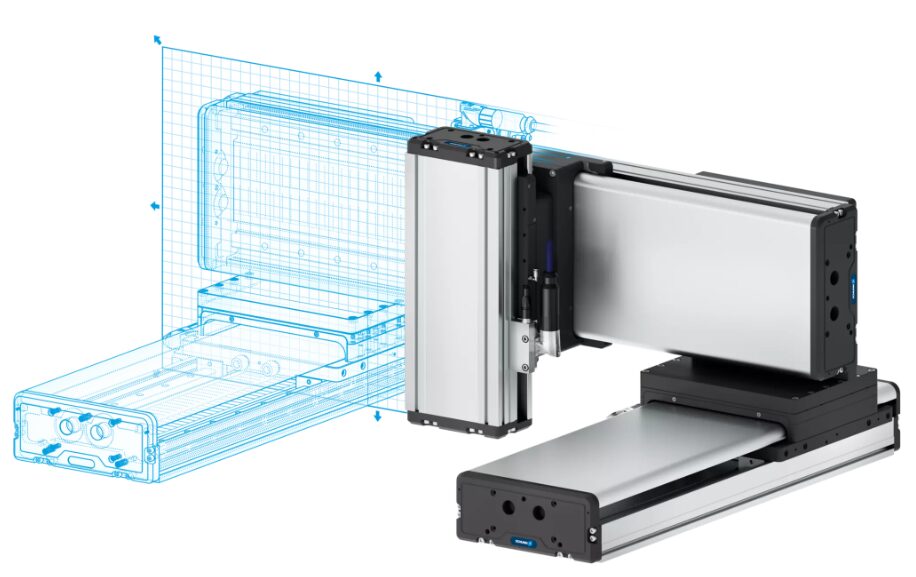 Industrial laser cutting machine with a transparent CAD overlay showing the work bed and cutting head.