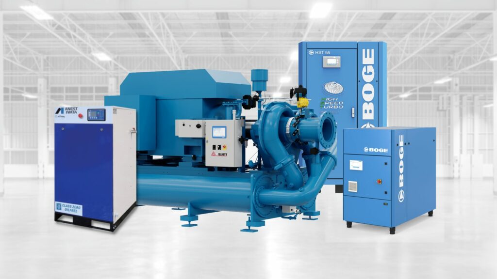 Blue industrial generator set with turbocharger and control panels in a bright factory hall